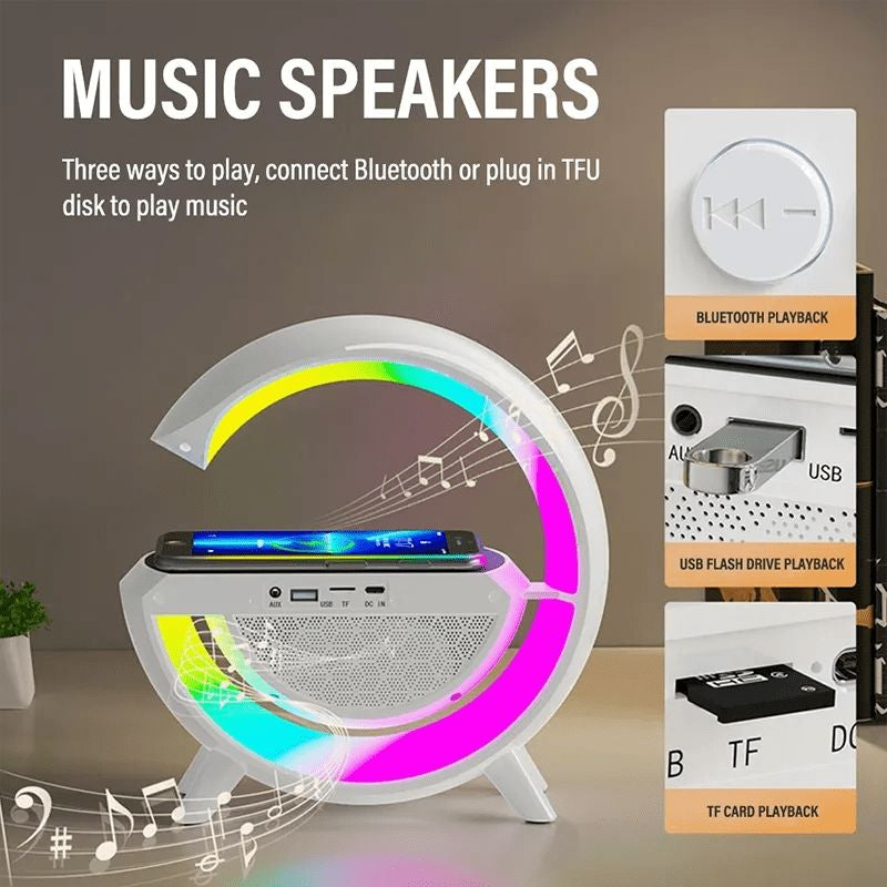BT3401 G Shape Lamp Speaker Portable Bluetooth Speaker With Digital clock Fast Wireless Charging 15W Rechargeable
