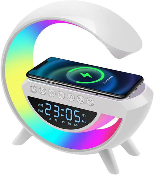 BT3401 G Shape Lamp Speaker Portable Bluetooth Speaker With Digital clock Fast Wireless Charging 15W Rechargeable