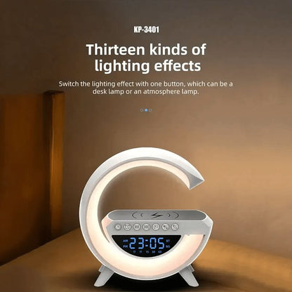 BT3401 G Shape Lamp Speaker Portable Bluetooth Speaker With Digital clock Fast Wireless Charging 15W Rechargeable