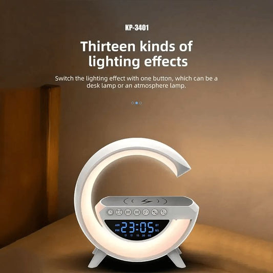 BT3401 G Shape Lamp Speaker Portable Bluetooth Speaker With Digital clock Fast Wireless Charging 15W Rechargeable