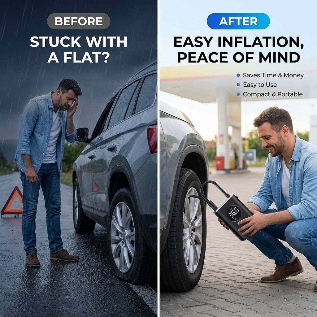 Portable Electric Tire Inflator – Digital Air Compressor with Auto-Stop for Cars & Bikes