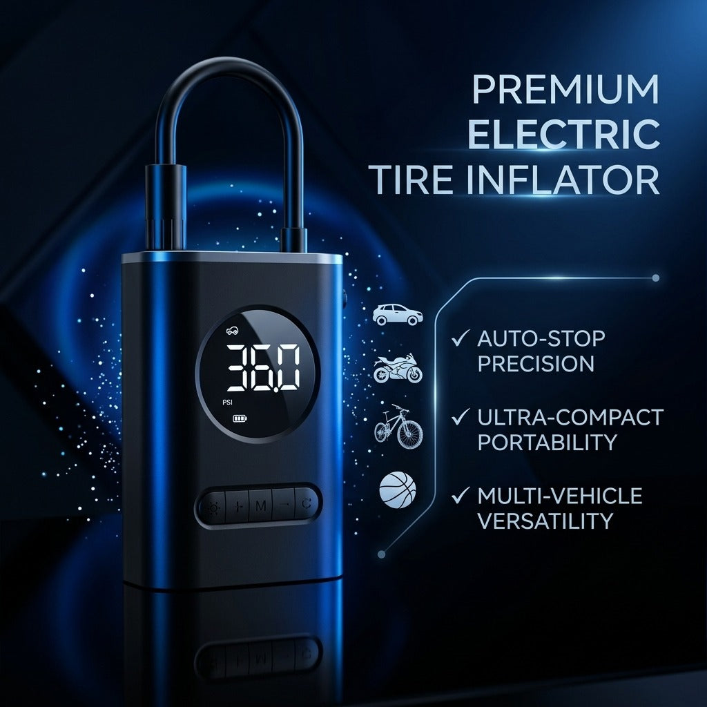 Portable Electric Tire Inflator – Digital Air Compressor with Auto-Stop for Cars & Bikes